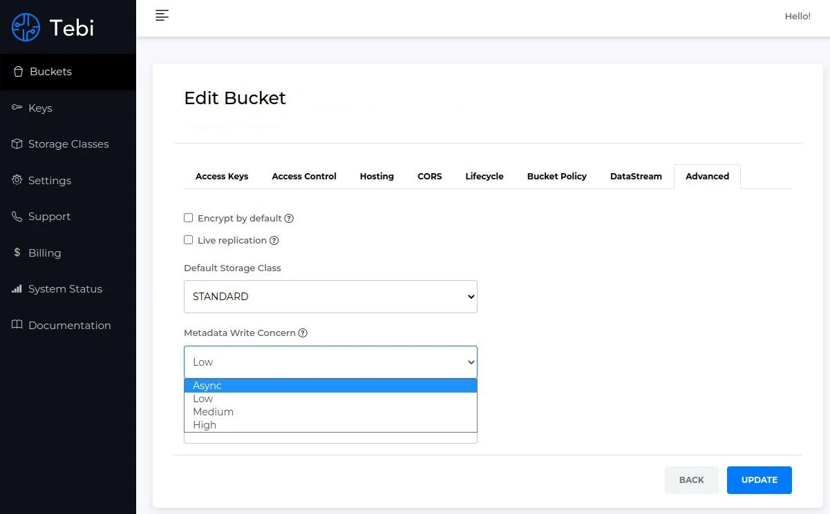 An image of Tebi's interface: activating "Async" Metadata Write Concern in Advanced Bucket Edit settings.