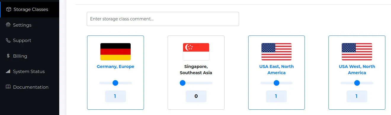 An image of Tebi's interface: setting multiple storage classes and regions for storing data.