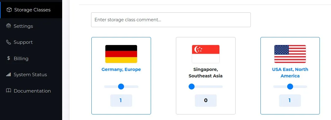 An image of Tebi's interface: setting multiple storage classes and regions for storing data.